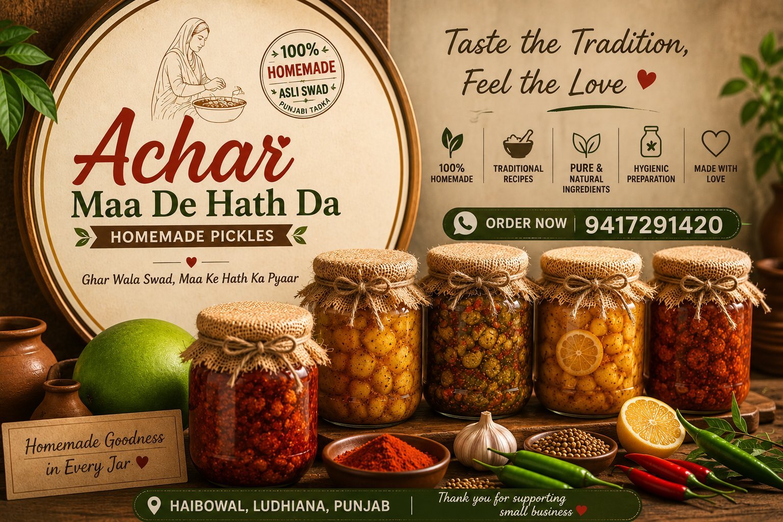 Homemade achar jars with traditional Punjabi spices